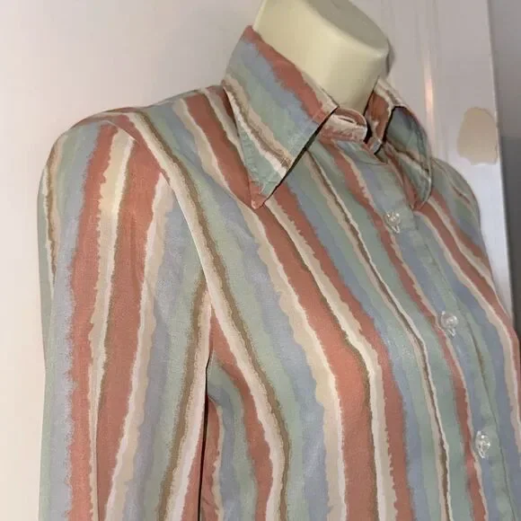 Vintage 70s College Town Striped Orange, Blue, Green, Tan & Cream Shirt - Picture 5 of 9